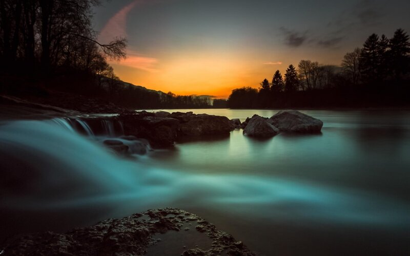 River Waterfall at Dusk — Orange