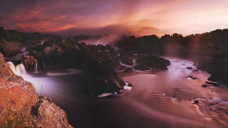 River Waterfall at Dusk — Purple, Dramatic