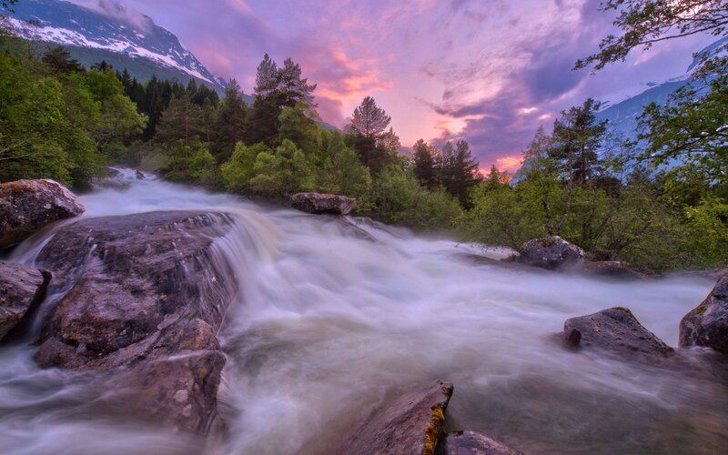 River Waterfall at Dusk — Purple, Serene