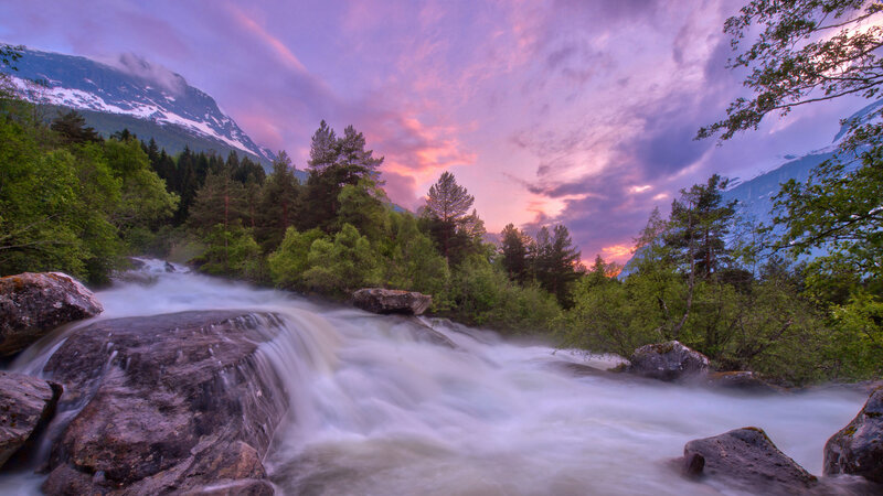 River Waterfall at Dusk — Purple