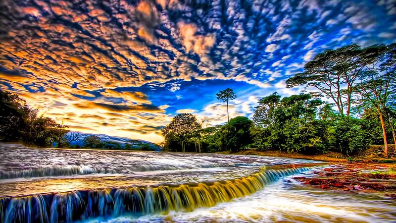 River Waterfall at Sunset — Blue, Dramatic, Photograph