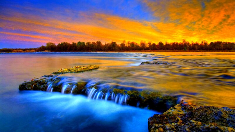 River Waterfall at Sunset — Blue, Dramatic
