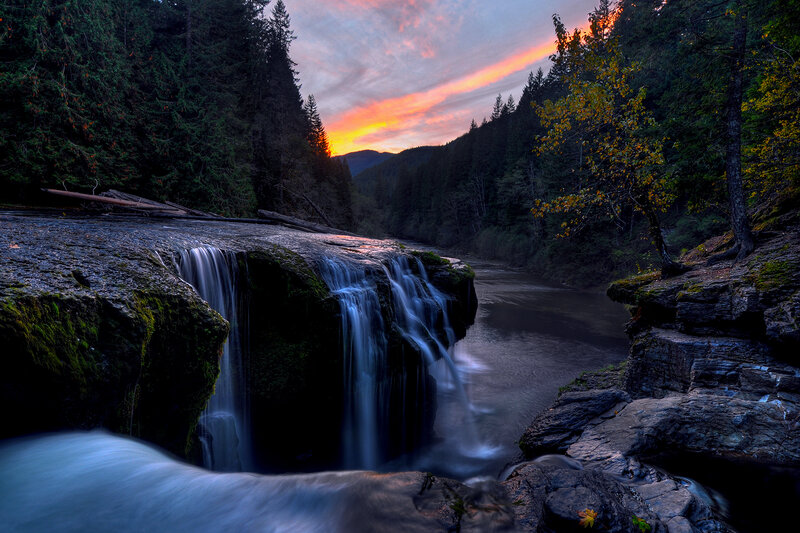 River Waterfall at Sunset — Blue, Serene