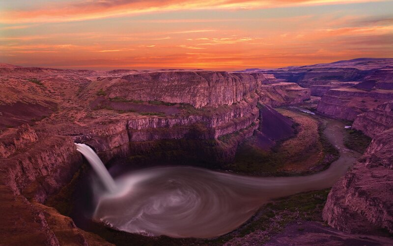 River Waterfall at Sunset — Orange, Dramatic, Photograph, Canyon