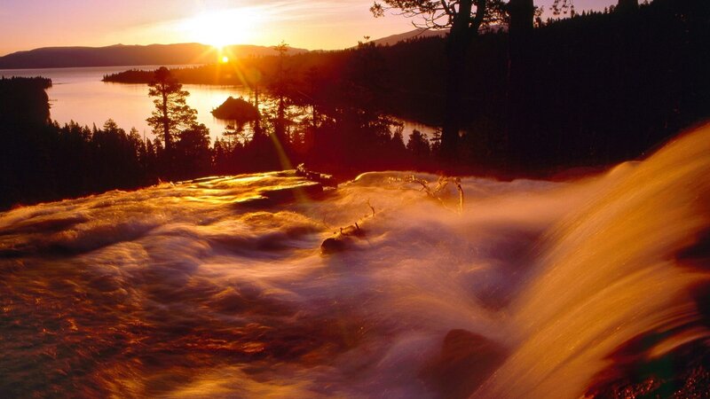 River Waterfall at Sunset — Orange, Dramatic, Photograph, Lake