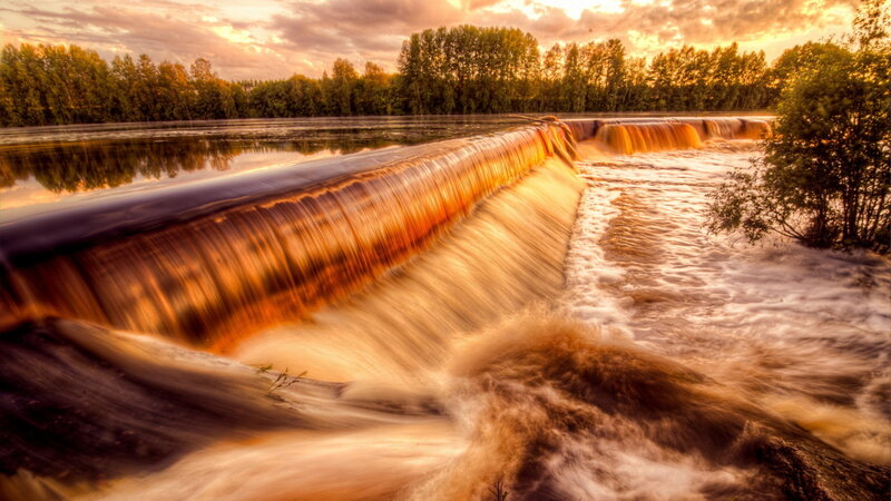 River Waterfall at Sunset — Orange, Dramatic, Photograph