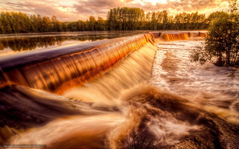 River Waterfall at Sunset — Orange, Dramatic, Photograph, Trees
