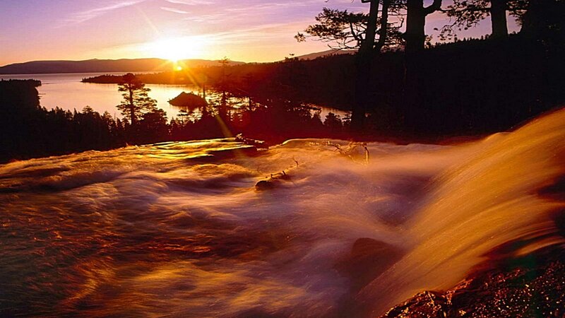 River Waterfall at Sunset — Orange, Serene, Photograph, Lake, Trees, Purple