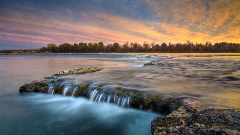 River Waterfall at Sunset — Orange, Serene