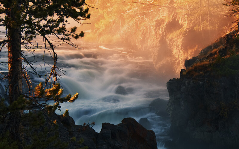 River Waterfall at Sunset — Orange