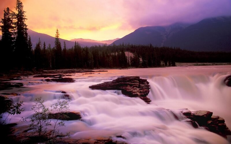 River Waterfall at Sunset — Purple, Serene, Photograph, Mountains