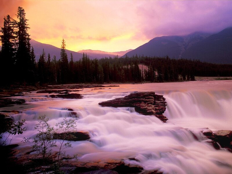 River Waterfall at Sunset — Purple, Serene, Photograph, Mountains, Trees, Forest, Orange, Pink
