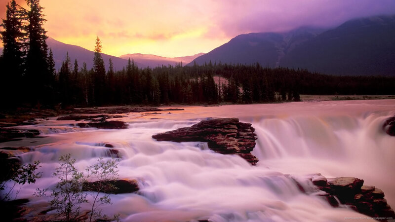 River Waterfall at Sunset — Purple, Serene