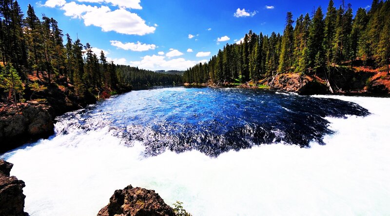 River Waterfall — Blue, Dramatic, Afternoon, Photograph, Trees, Rocks, Sky