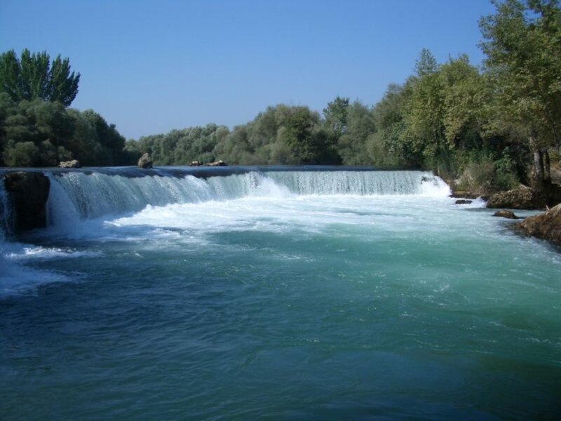 River Waterfall — Blue, Serene, Afternoon, Photograph, Trees