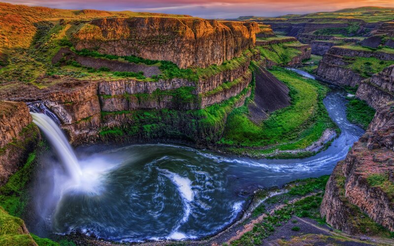 River Waterfall Canyon — Green, Dramatic, Sunset, Photograph, Cliffs
