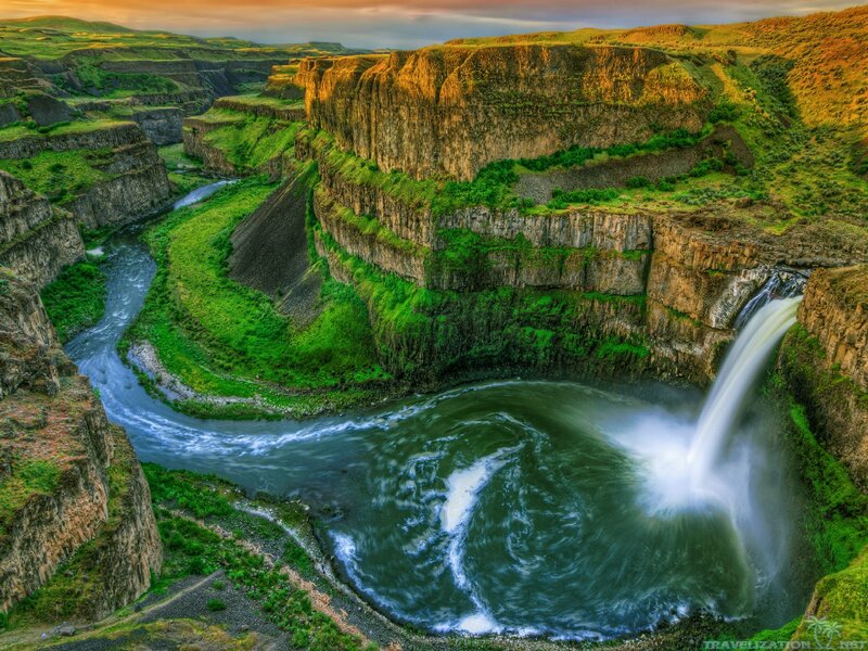 River Waterfall Canyon — Green, Dramatic, Sunset