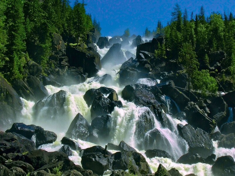River Waterfall — Green, Dramatic, Afternoon, Photograph, Rocks, Trees, Mist