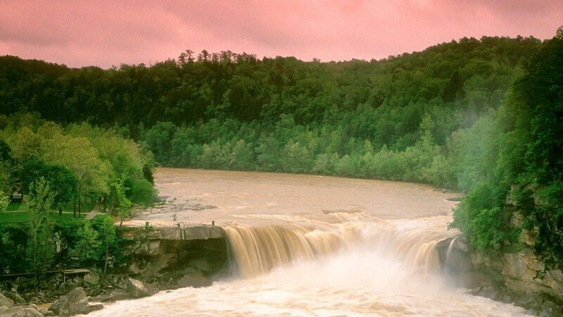 River Waterfall — Green, Dramatic, Sunset