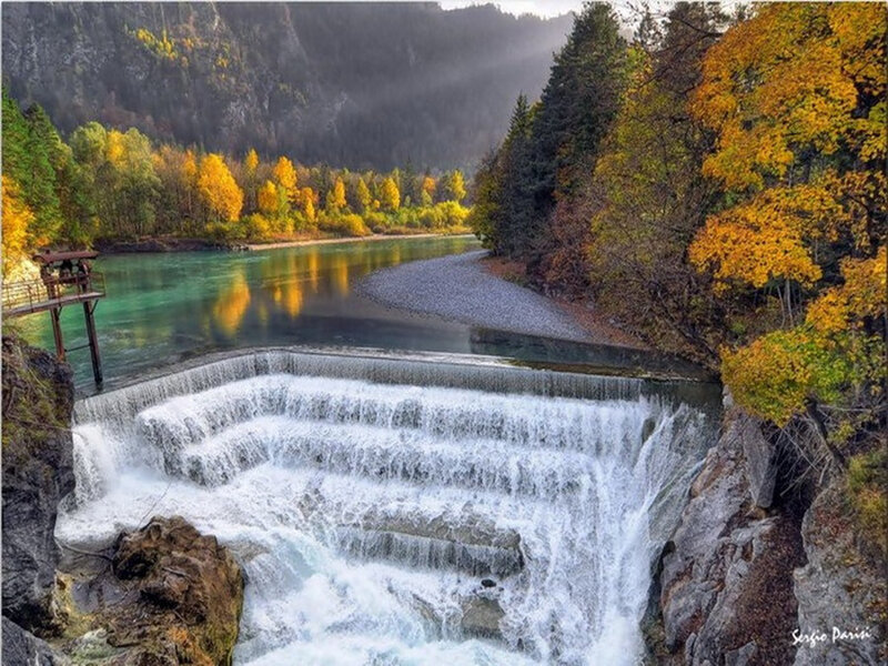 River Waterfall in Autumn — Green