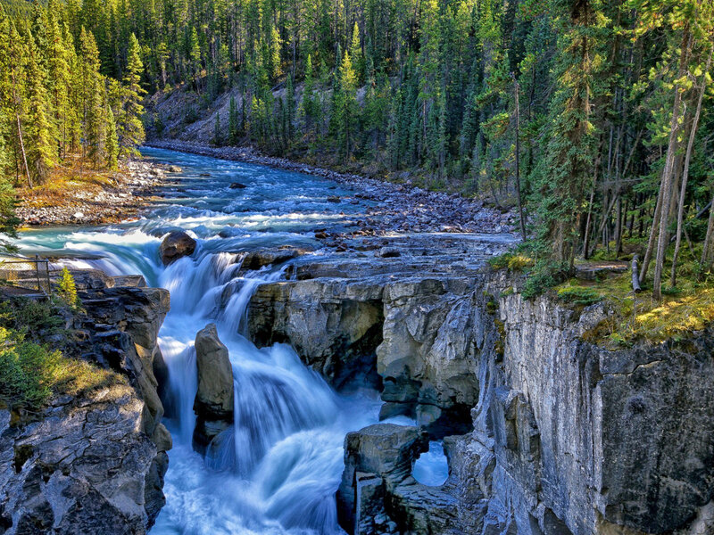 River Waterfall in Canyon — Blue, Dramatic, Afternoon, Photograph