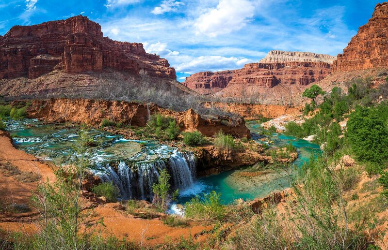 River Waterfall in Canyon — Blue, Serene, Afternoon