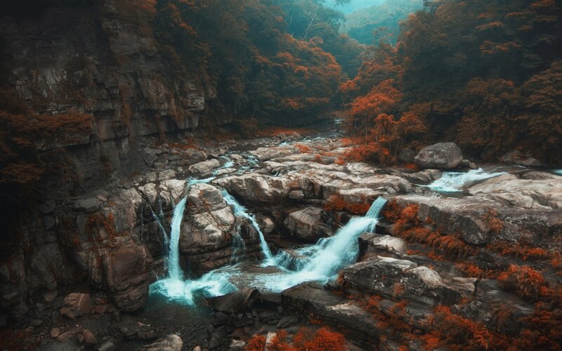 River Waterfall in Canyon — Blue, Serene, Autumn