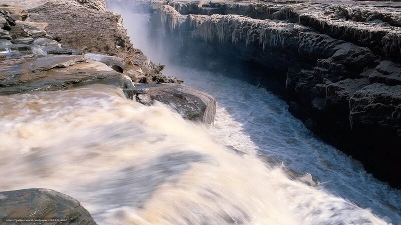 River Waterfall in Canyon — Brown, Dramatic, Photograph