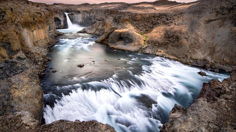 River Waterfall in Canyon — Brown, Dramatic, Sunset