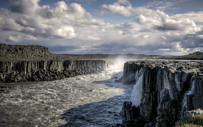 River Waterfall in Canyon — Gray, Dramatic, Afternoon