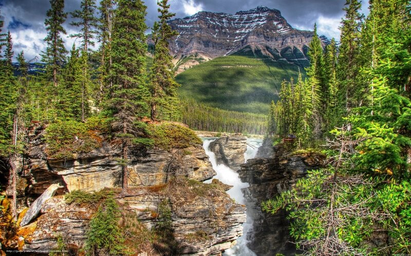 River Waterfall in Canyon — Green, Dramatic, Afternoon, Photograph, Mountain, Forest