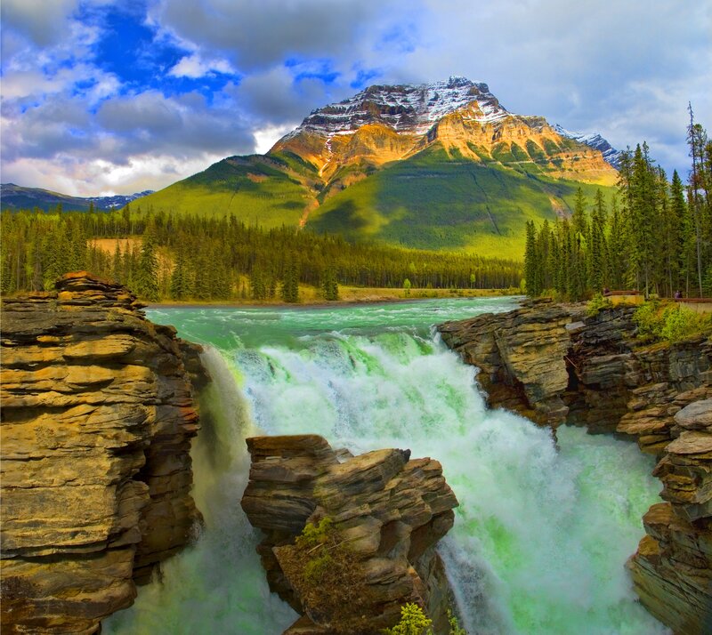 River Waterfall in Canyon — Green, Dramatic, Afternoon, Photograph, Mountain