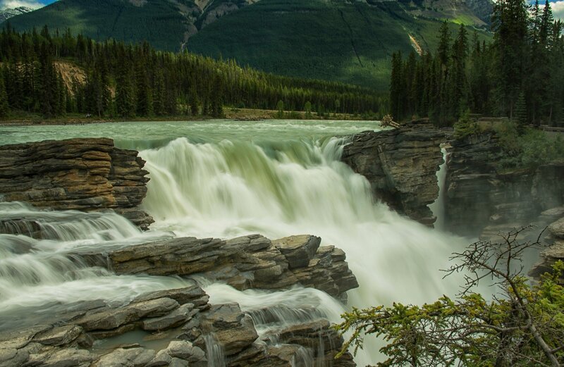 River Waterfall in Canyon — Green, Dramatic, Afternoon, Photograph, Mountains