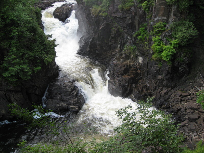 River Waterfall in Canyon — Green, Dramatic, Afternoon, Photograph, Trees