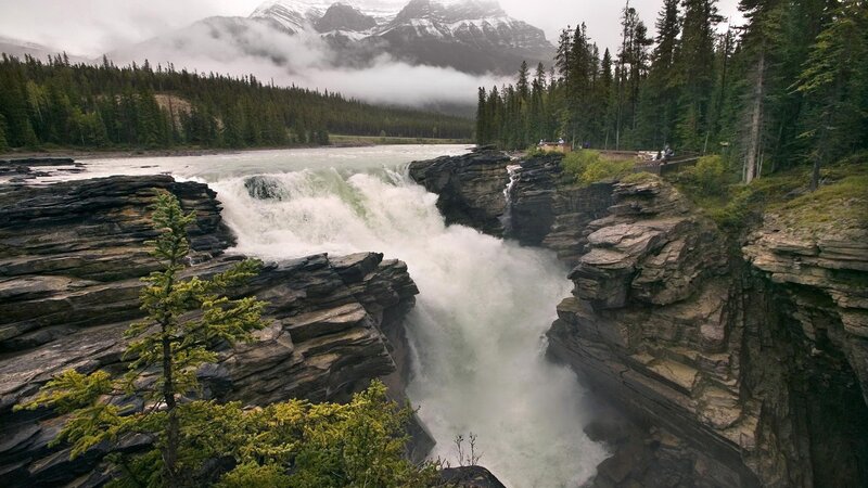 River Waterfall in Canyon — Green, Dramatic, Morning, Photograph