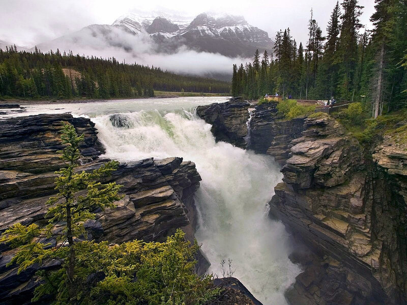 River Waterfall in Canyon — Green, Dramatic, Photograph