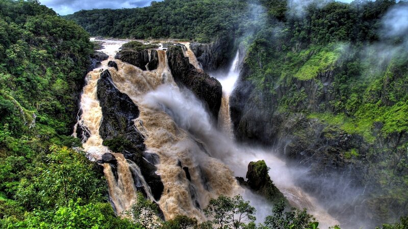 River Waterfall in Canyon — Green, Dramatic, Photograph, Trees, Mist