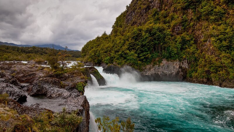 River Waterfall in Canyon — Green, Dramatic, Photograph, Trees, Rocks, Clouds