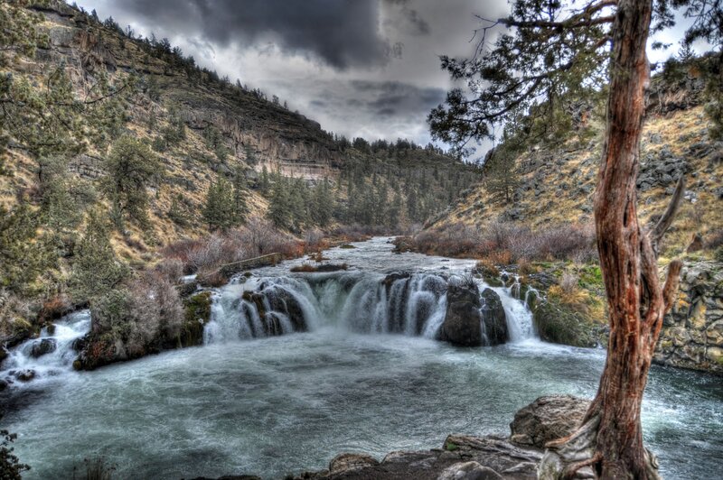 River Waterfall in Canyon — Green, Dramatic, Photograph, Trees