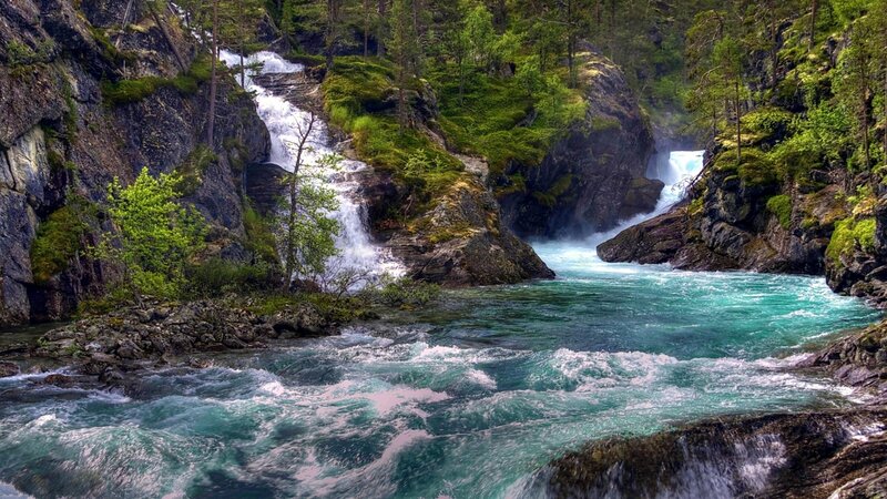 River Waterfall in Canyon — Green, Serene, Spring