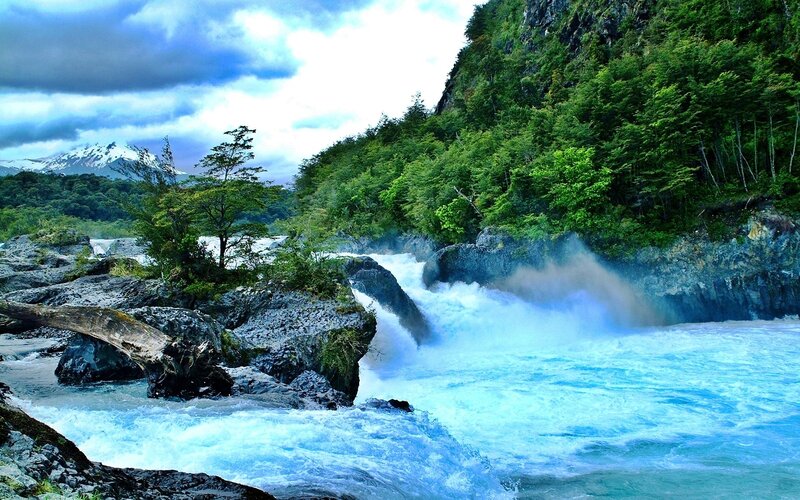 River Waterfall in Forest — Blue, Dramatic, Photograph