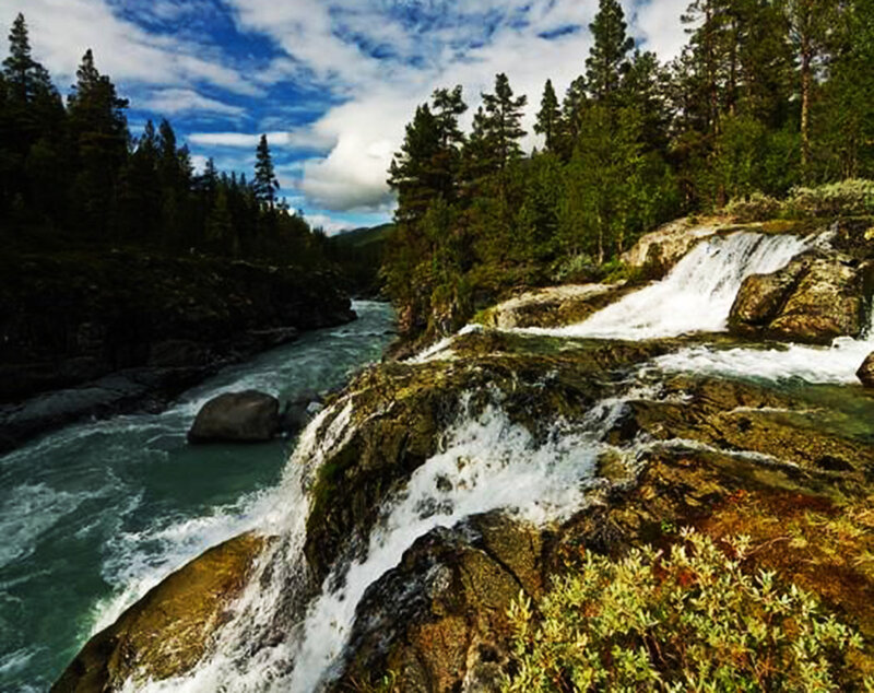 River Waterfall in Forest — Blue, Dramatic