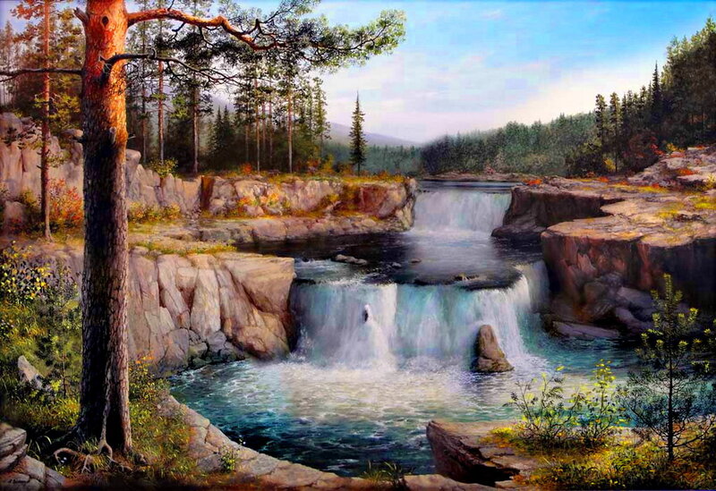 River Waterfall in Forest — Blue, Serene, Afternoon, Painting, Trees
