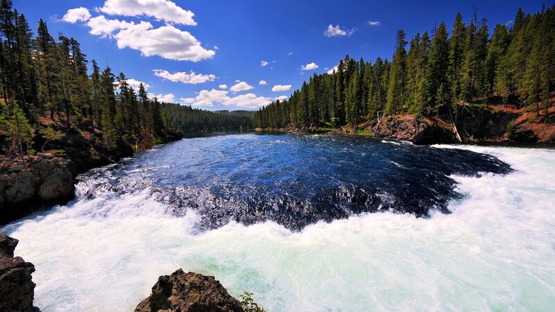River Waterfall in Forest — Blue, Serene, Afternoon, Photograph, Trees