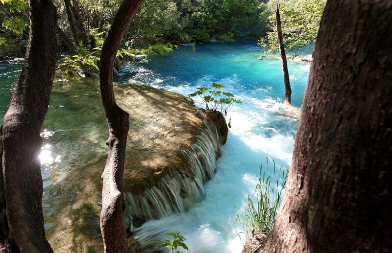 River Waterfall in Forest — Blue, Serene, Afternoon
