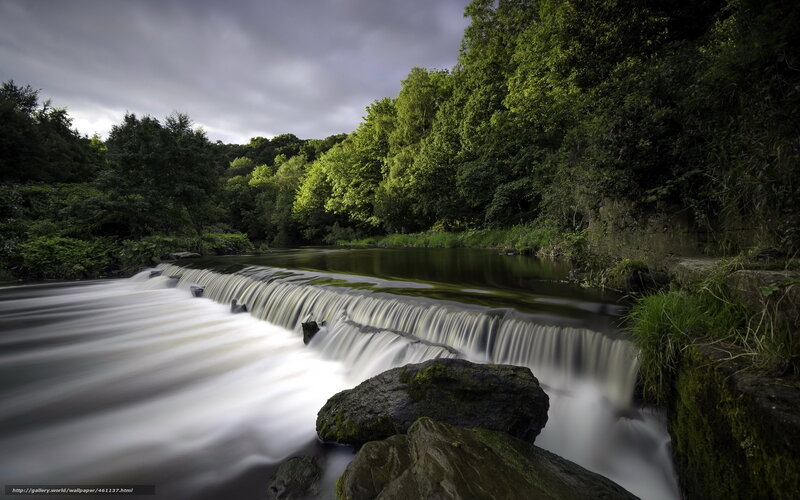 River Waterfall in Forest — Green, Dramatic, Afternoon, Photograph, Trees, Rocks, Water