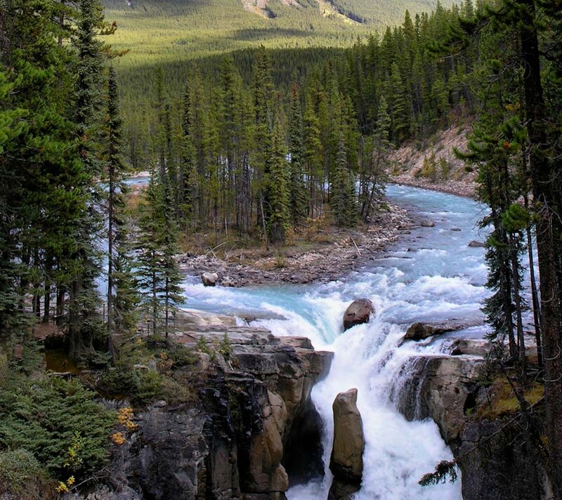 River Waterfall in Forest — Green, Natural, Afternoon, Photograph, Trees, Rocks