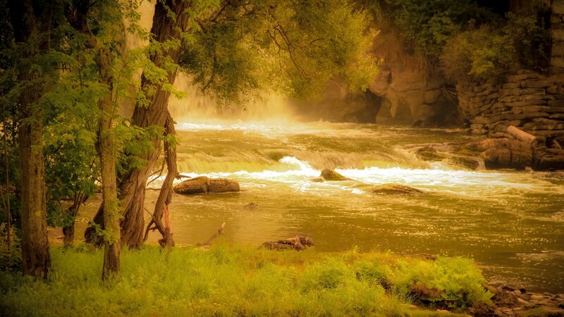 River Waterfall in Forest — Green, Serene, Afternoon, Photograph, Trees, Rocks, Grass