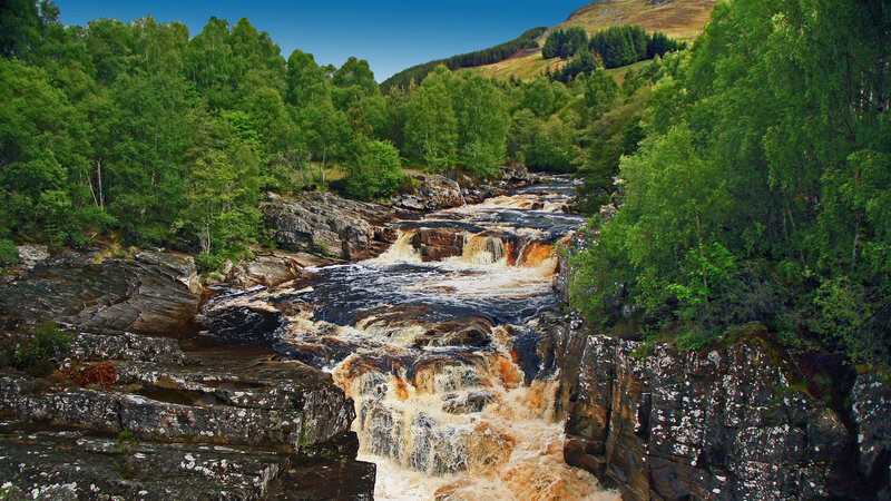 River Waterfall in Forest — Green, Serene, Afternoon, Photograph, Trees, Rocks, Mountain