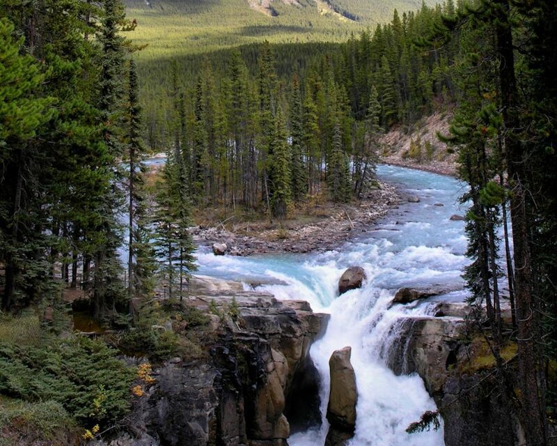 River Waterfall in Forest — Green, Serene, Afternoon, Photograph, Trees, Rocks, Mountains, Blue